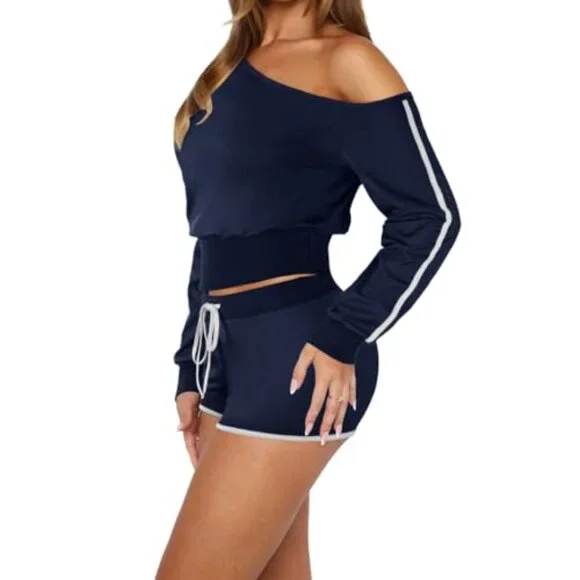 Off Shoulder Lounge Set Long Sleeve Top Shorts Two Piece Tracksuit Chic
